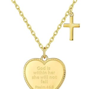 14K Gold Plated Engraved Coin Pendant Necklace for Women Christian Bible Verse Cross Necklace Prayer Faith Religious Jewelry Gifts