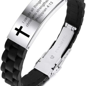 MeMeDIY Inspirational Quote Cross Bracelets Faith Christian Bible Accessories Verse Silicone ID Wristband Religious Gifts for Men Women Stainless Steel Rubber Adjustable (2 Colors)